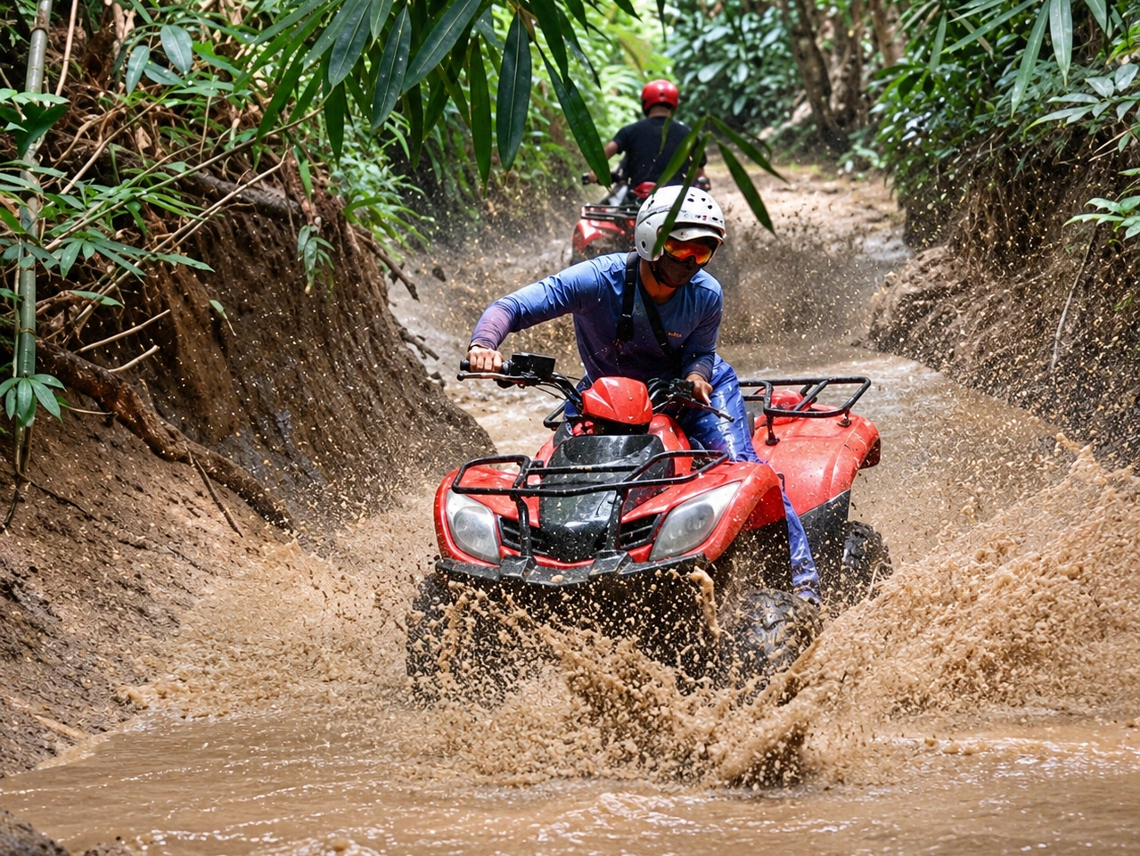 ATV adventure crossing a rocky river in Ubud