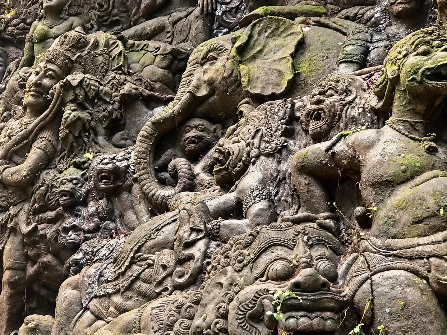Stone carvings along the Ayung River rafting route in Bali
