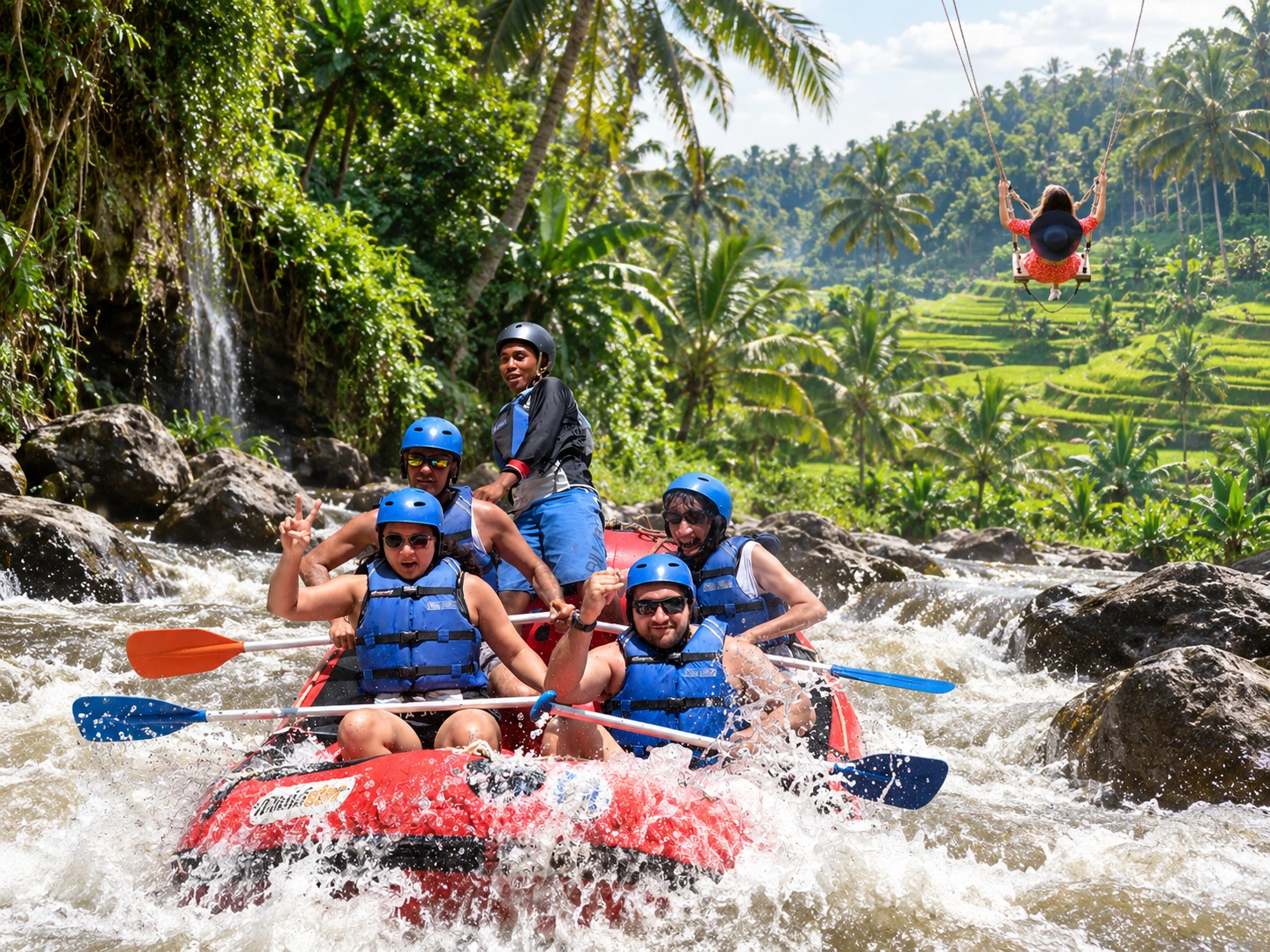 Ayung River rafting combined with a scenic rice terrace swing experience in Bali
