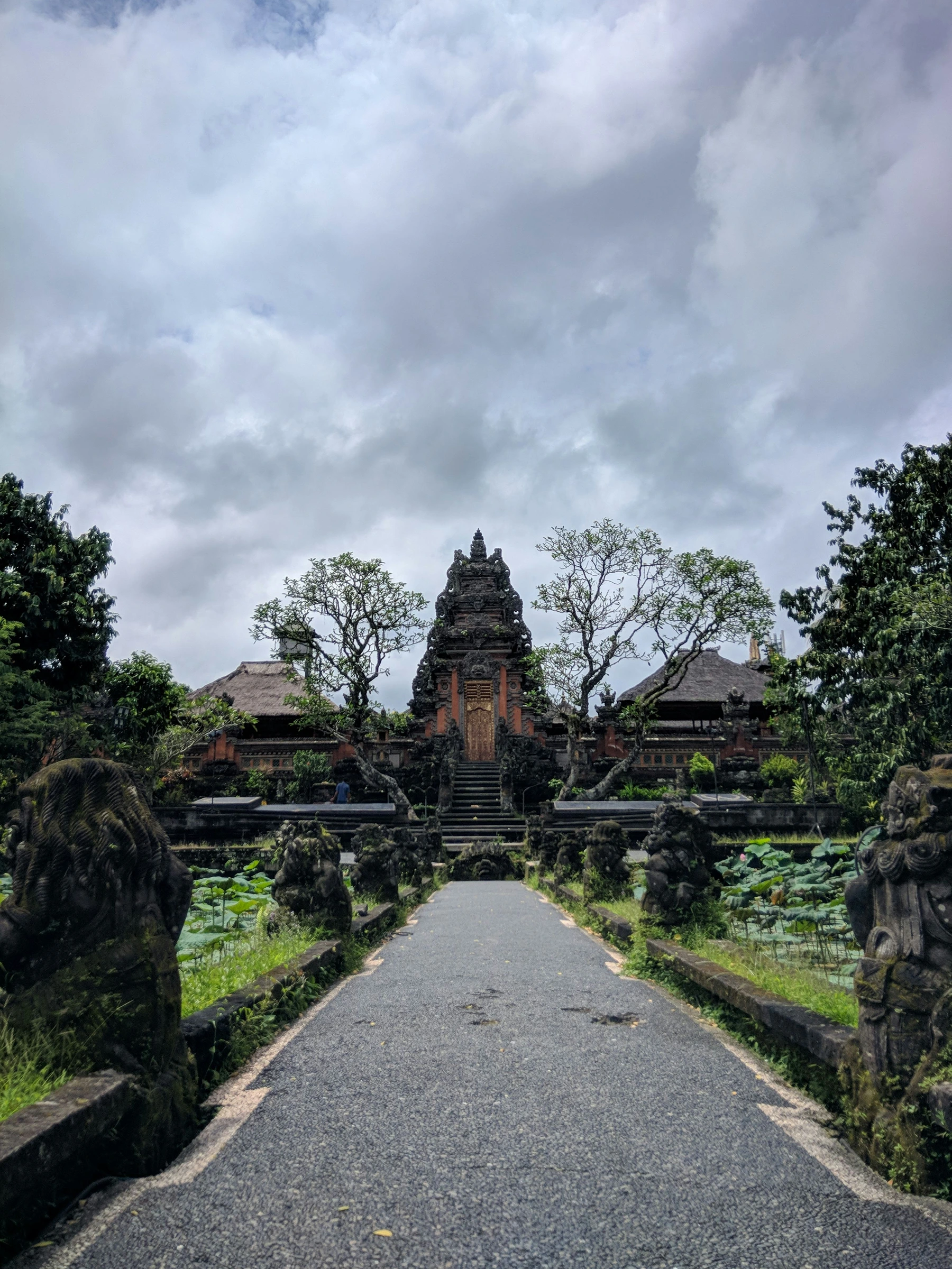 Beautiful lotus pond and traditional architecture at Saraswati Temple in Ubud