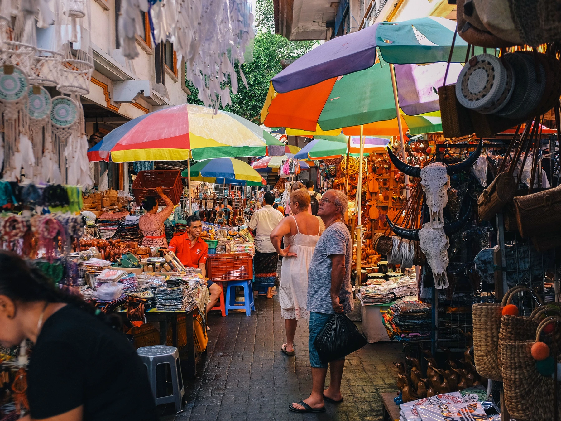 Colorful handicrafts and stalls at Ubud Art Market in Ubud, Bali